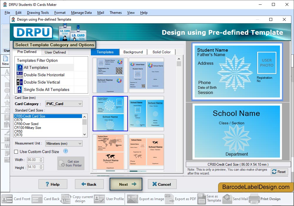 Select Template Category and Options