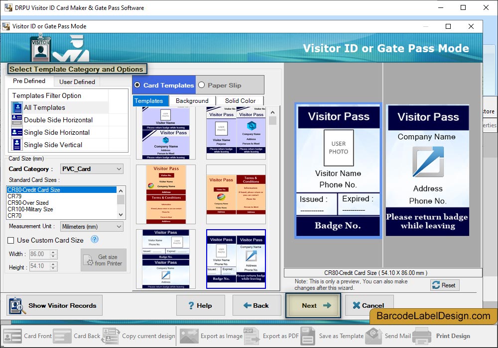 Select Template Category and Options